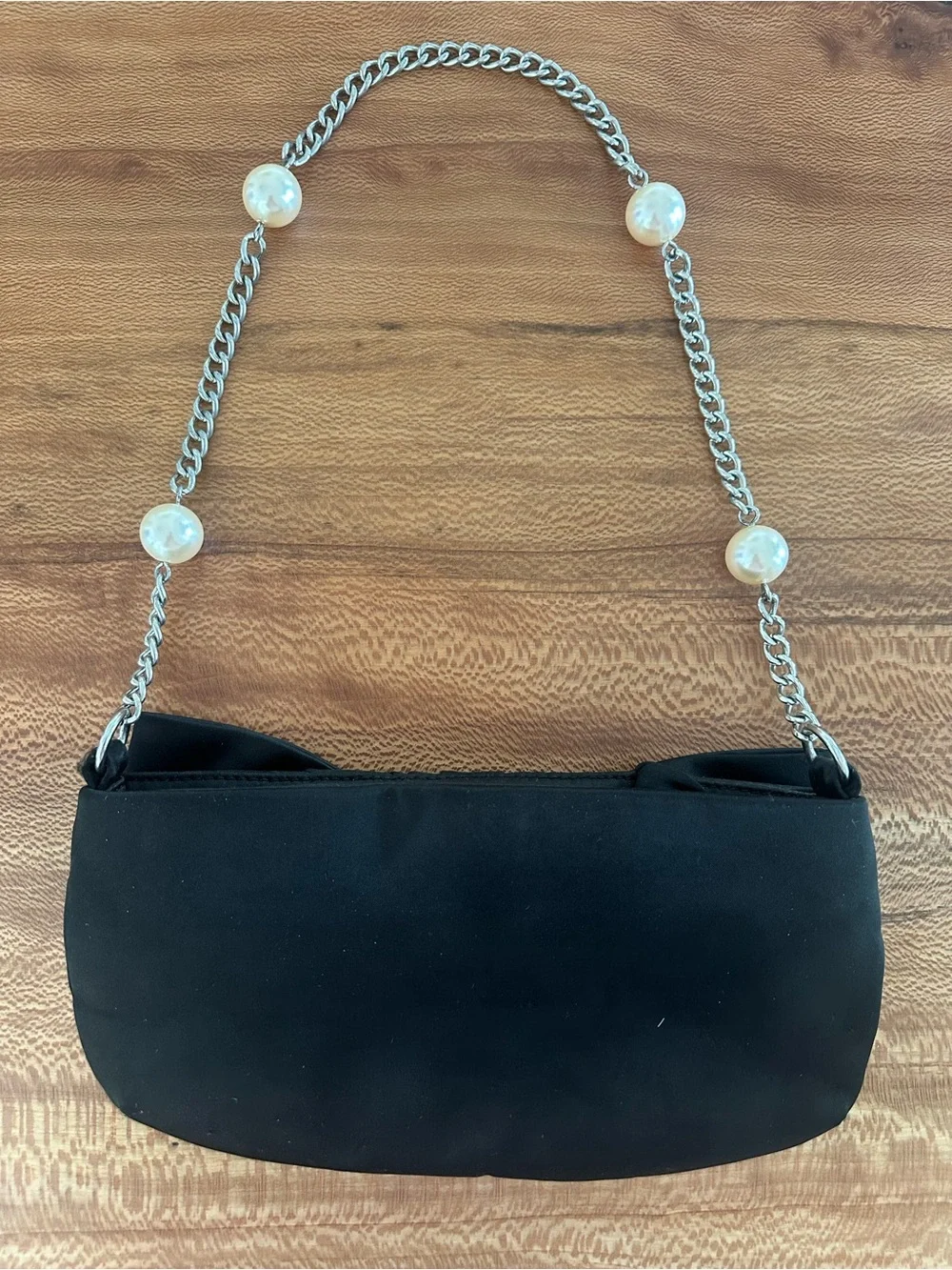 White House Black Market Black Bow-Front Evening Shoulder Bag with Pearl Chain